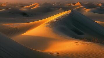 ai gerado grande extensão do deserto areia dunas brilhando dentro a caloroso luz do a configuração sol, fundo imagem, generativo ai foto