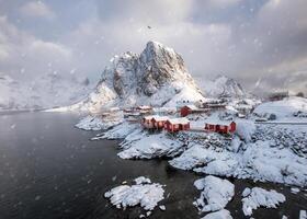 escandinavo pescaria Vila dentro queda de neve em litoral às hamnoy foto