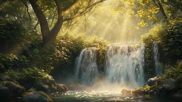 ai gerado escondido cascata dobrado longe dentro uma isolado floresta, fundo imagem, generativo ai foto