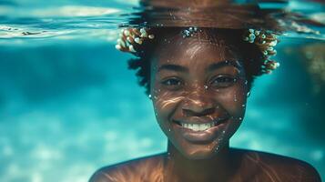 ai gerado rio embaixo da agua retrato do uma sorridente Preto fêmea, generativo ai, fundo imagem foto