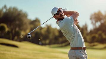 ai gerado retrato do uma masculino jogador de golfe dentro açao em a golfe curso, generativo ai foto