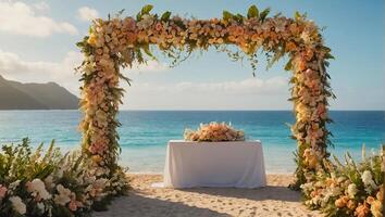 ai gerado lindo Casamento arco com flores contra a fundo do a mar foto