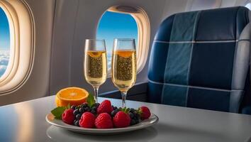 ai gerado vidro do champanhe, fruta em a mesa em a avião foto