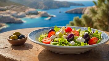 ai gerado delicioso grego salada dentro uma prato ao ar livre dentro Grécia foto