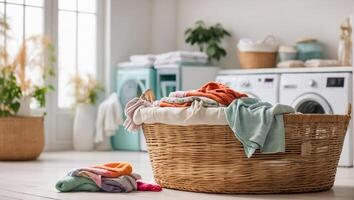 ai gerado cesta com colori lavanderia para lavando dentro lavanderia quarto foto