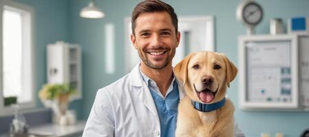 ai gerado masculino veterinário médico e fofa cachorro dentro a clínica foto