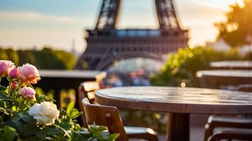 ai gerado mesa dentro uma cafeteria, flores contra a pano de fundo do a eiffel torre foto