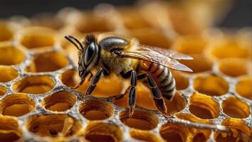 ai gerado abelha fechar acima em favo de mel foto