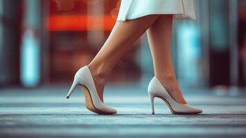 ai gerado fechar-se retrato do uma mulher pés caminhando vestindo branco Alto salto sapato, generativo ai foto