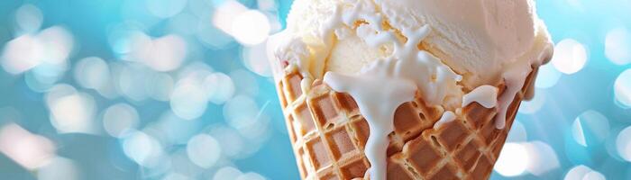 ai gerado waffle cone felicidade, fechar-se do uma delicioso colher do gelo creme aninhado dentro uma crocantes waffle cone, generativo ai foto