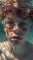 ai gerado rio embaixo da agua retrato do uma jovem branco masculino vestindo natação óculos, generativo ai, fundo imagem foto