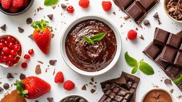 ai gerado chocolate fondue, tigela do rico e aveludado chocolate fondue cercado de a sortimento do mergulho frutas e guloseimas, fundo imagem, generativo ai foto