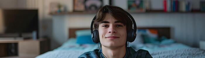 ai gerado retrato do uma branco Adolescência masculino sorridente enquanto vestindo sem fio fones de ouvido contra dele quarto fundo, generativo ai, fundo imagem foto