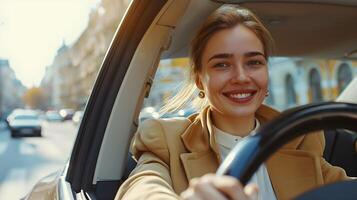 ai gerado retrato do uma feliz branco empresária dirigindo uma luxo carro, generativo ai foto