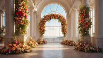 ai gerado lindo arco com flores dentro a Casamento corredor foto