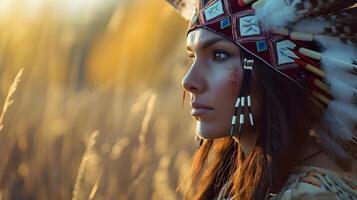 ai gerado retrato do uma nativo americano sioux indiano mulher contra natureza fundo, fundo imagem, generativo ai foto