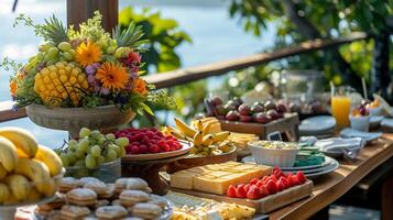 ai gerado beira-mar brunch, uma de mesa Visão do uma delicioso Escovar espalhar às uma beira-mar cafeteria, fundo imagem, generativo ai foto