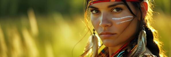 ai gerado retrato do uma nativo americano sioux indiano mulher contra natureza fundo, fundo imagem, generativo ai foto