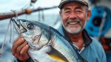 ai gerado retrato do uma sorridente pescador segurando uma grande apanhado peixe em uma barco, generativo ai, fundo imagem foto