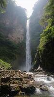 ai gerado grandeza do uma imponente cascata em cascata baixa áspero penhascos, fundo imagem, generativo ai foto