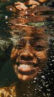 ai gerado rio embaixo da agua retrato do uma sorridente Preto fêmea, generativo ai, fundo imagem foto