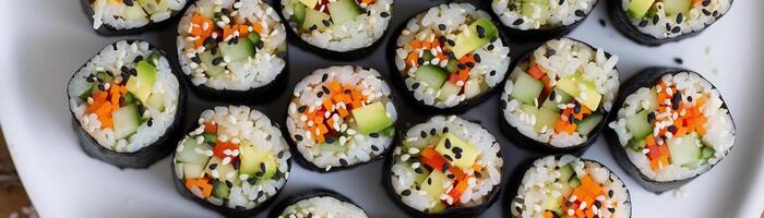 ai gerado vegetariano Sushi rolos, sortimento do vegetariano Sushi rolos preenchidas com abacate pepino cenoura e de outros fresco vegetais, fundo imagem, generativo ai foto