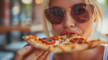 ai gerado fechar-se do uma Loiras mulher vestindo oculos de sol comendo uma delicioso pizza, fundo imagem, generativo ai foto
