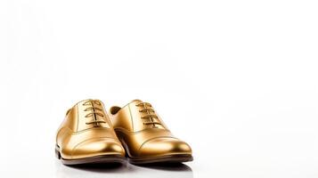 ai gerado ouro Oxfords sapatos isolado em branco fundo com cópia de espaço para anúncio. generativo ai foto