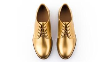 ai gerado ouro Oxfords sapatos isolado em branco fundo com cópia de espaço para anúncio. generativo ai foto