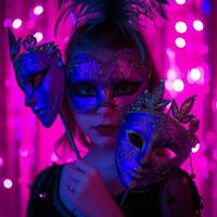 ai gerado jovem menina alegremente detém dois carnaval máscaras às a animado festa, engraçado fantasias imagem foto