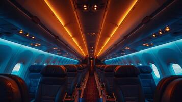 ai gerado interior do a avião. interior do a avião com assentos e luzes foto