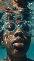 ai gerado rio embaixo da agua retrato do uma jovem Preto fêmea vestindo natação óculos, generativo ai, fundo imagem foto