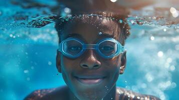 ai gerado rio embaixo da agua retrato do uma sorridente jovem Preto masculino vestindo natação óculos, generativo ai, fundo imagem foto