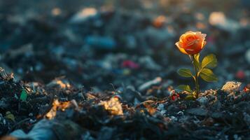 ai gerado rosa flor plantar cresce em topo do lixo iluminado de natural luz Como símbolo do esperança foto