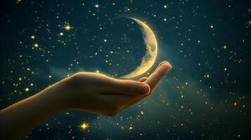 ai gerado mágico crescente lua em mãos, espiritual conceito. foto