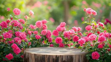 ai gerado de madeira pódio entre rosas plantar, natural beleza pódio pano de fundo para produtos mostrar. foto