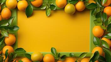 ai gerado fresco tangerinas formando uma quadro, Armação em uma amarelo fundo foto