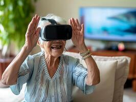 ai gerado conectados Educação Senior mulher vestindo vr fone de ouvido com vivo quarto fundo ai generativo foto