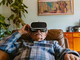 ai gerado conectados Educação Senior homem vestindo vr fone de ouvido com vivo quarto fundo ai generativo foto