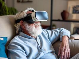 ai gerado conectados Educação Senior homem vestindo vr fone de ouvido com vivo quarto fundo ai generativo foto