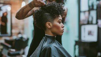 ai gerado lado Visão do africano americano mulher obtendo corte de cabelo de cabeleireiro dentro beleza salão foto