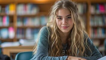 ai gerado absorta fêmea aluna estudando dentro biblioteca foto