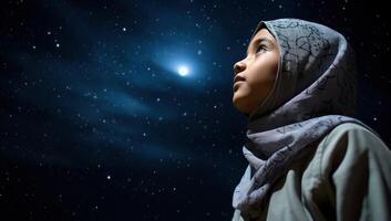 ai gerado jovem muçulmano mulher dentro hijab olhando às noite céu foto