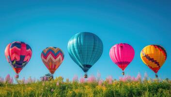 ai gerado colorida quente ar balões subindo sobre vibrante Prado debaixo Claro azul céu foto