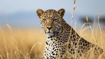 ai gerado leopardo dentro dourado savana Relva debaixo azul céu foto