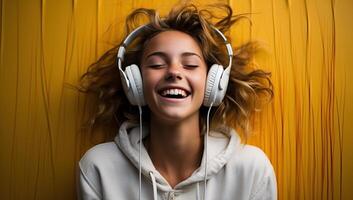 ai gerado retrato do uma jovem mulher ouvindo para música com fones de ouvido. foto