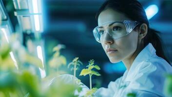 ai gerado cientista examinando plantas dentro hidroponia laboratório às noite foto