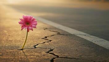 ai gerado Rosa gerbera florescendo a partir de rachado asfalto foto