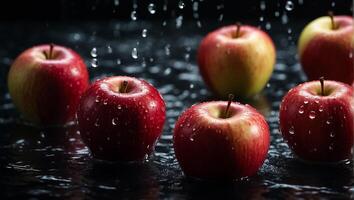 ai gerado suculento maduro vermelho maçãs em uma Sombrio fundo foto