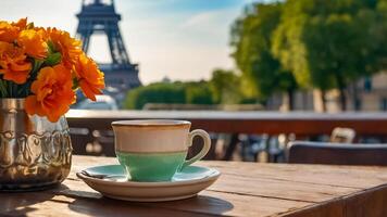 ai gerado copo do café, flores contra a fundo do a eiffel torre, Paris foto